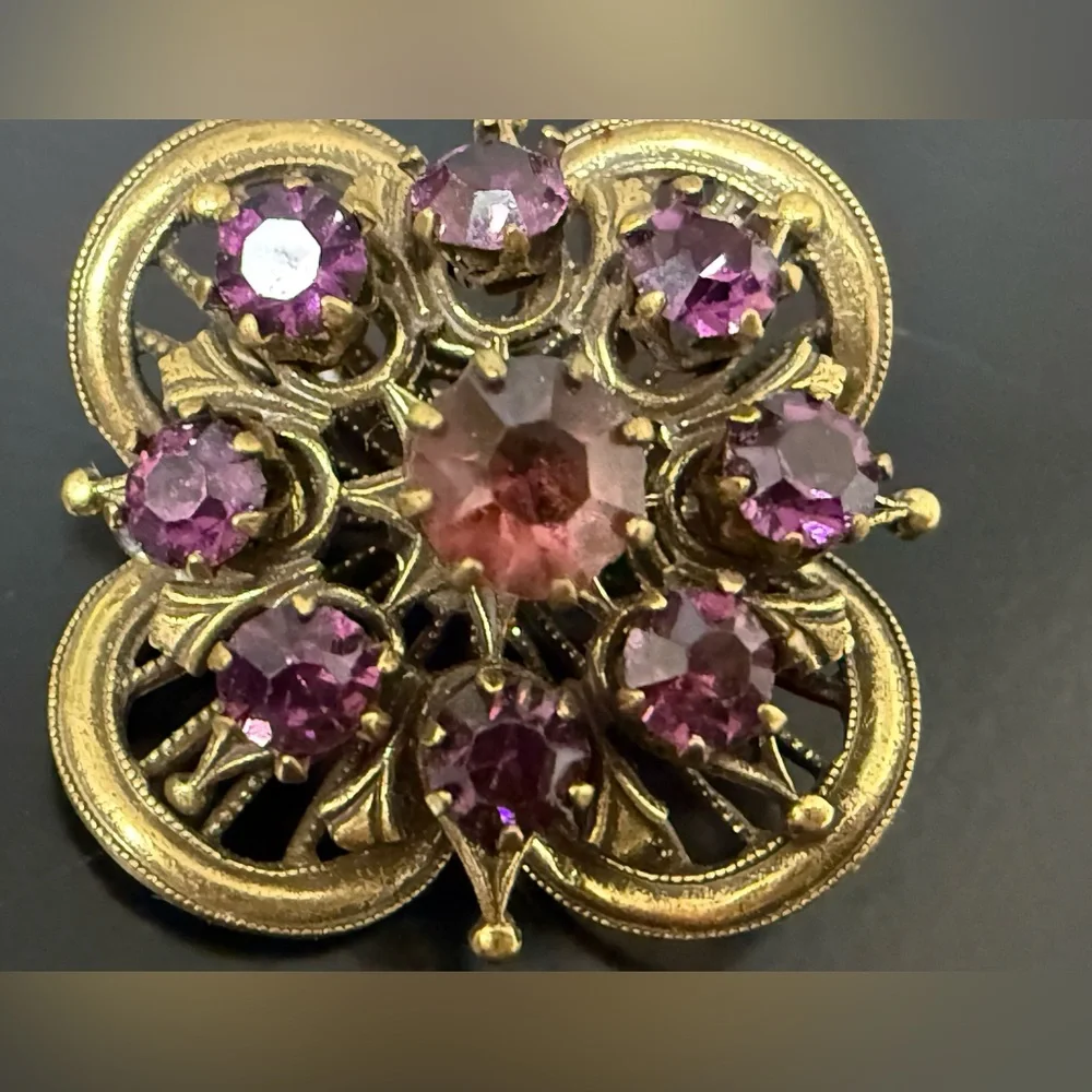 Vintage Coro Purple‎ Burgundy, Rhinestone Brooch Pin Jewelry  Signed Estate